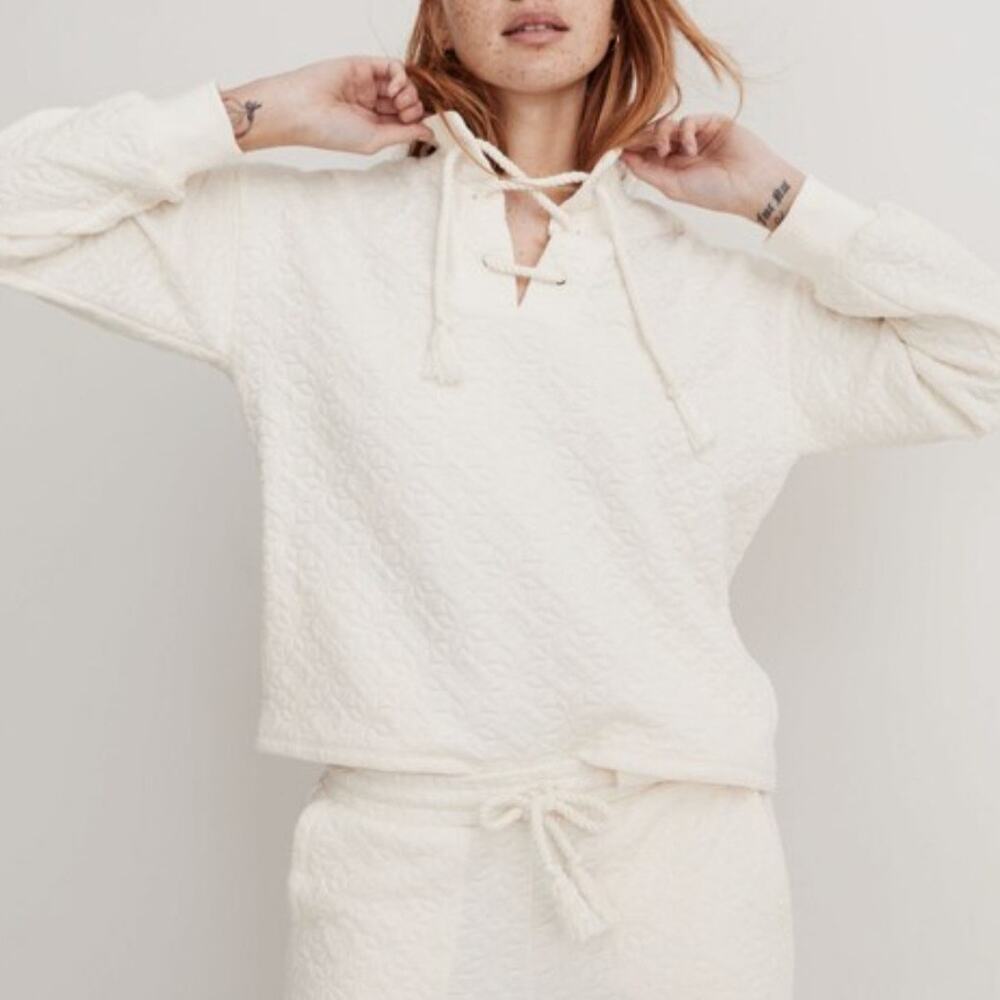 Madewell Quilted Knit Lace Up Sweatshirt Antique Cream White Mockneck Tassel XS